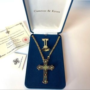 Camrose Kross JBK Kennedy gold blue enamel cross necklace pin with stand